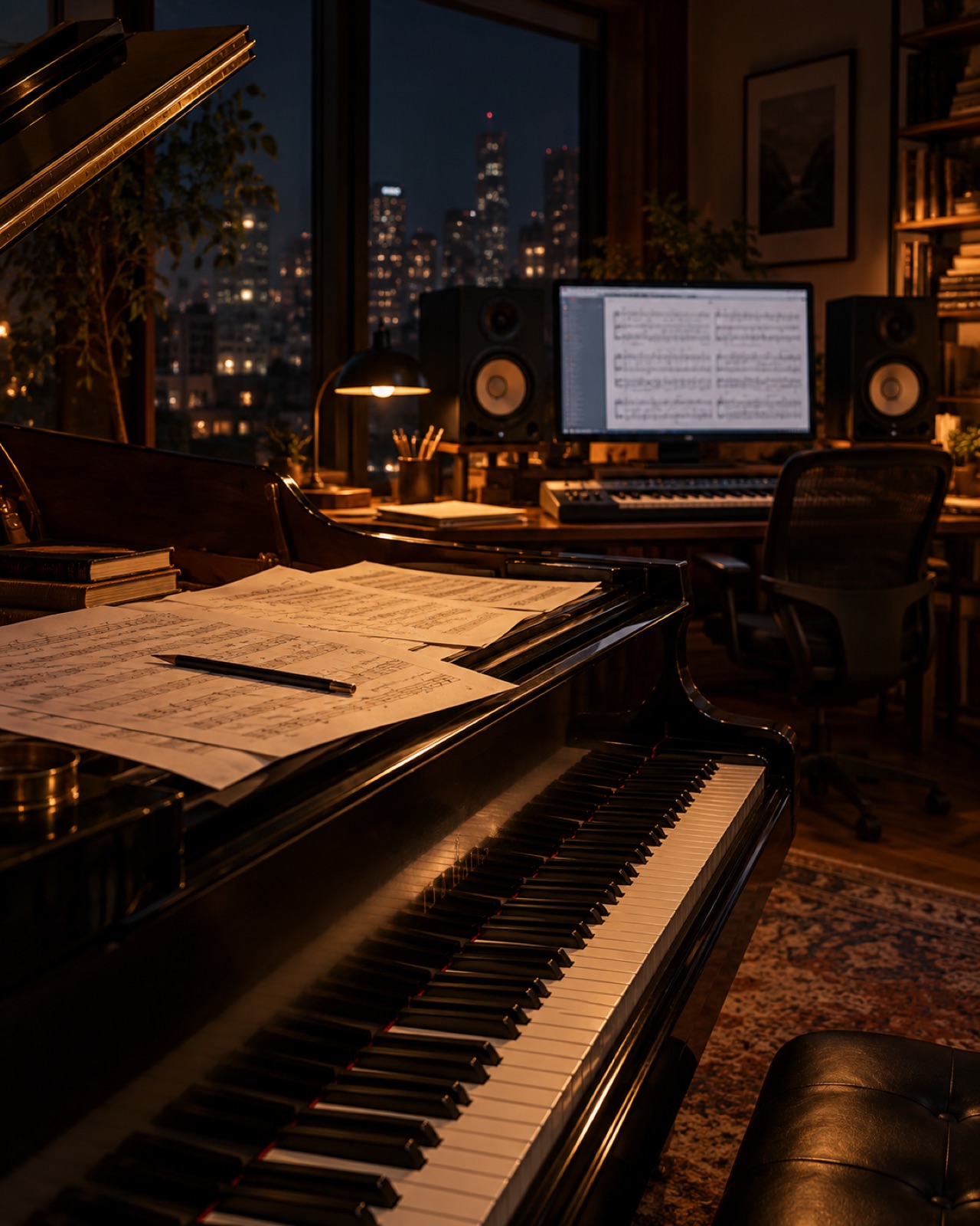 Composer studio at night with a grand piano, handwritten score sheets and studio monitors