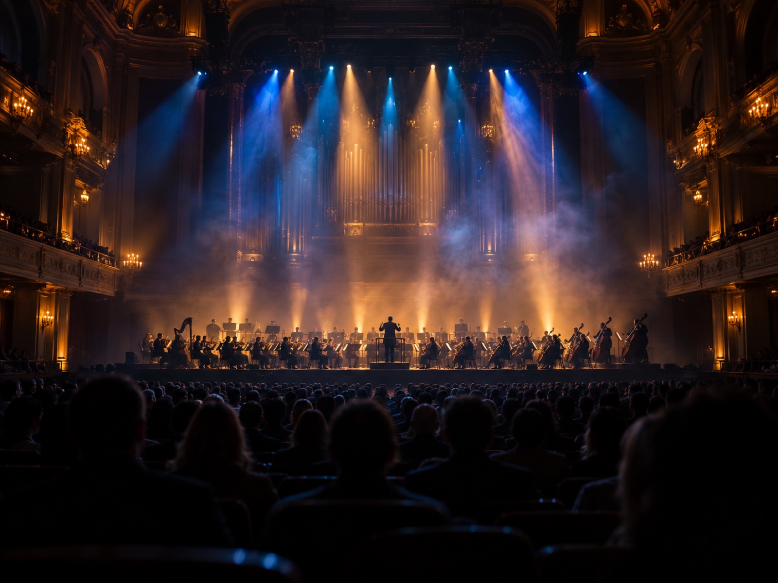 Orchestra on a concert hall stage under blue and amber light beams