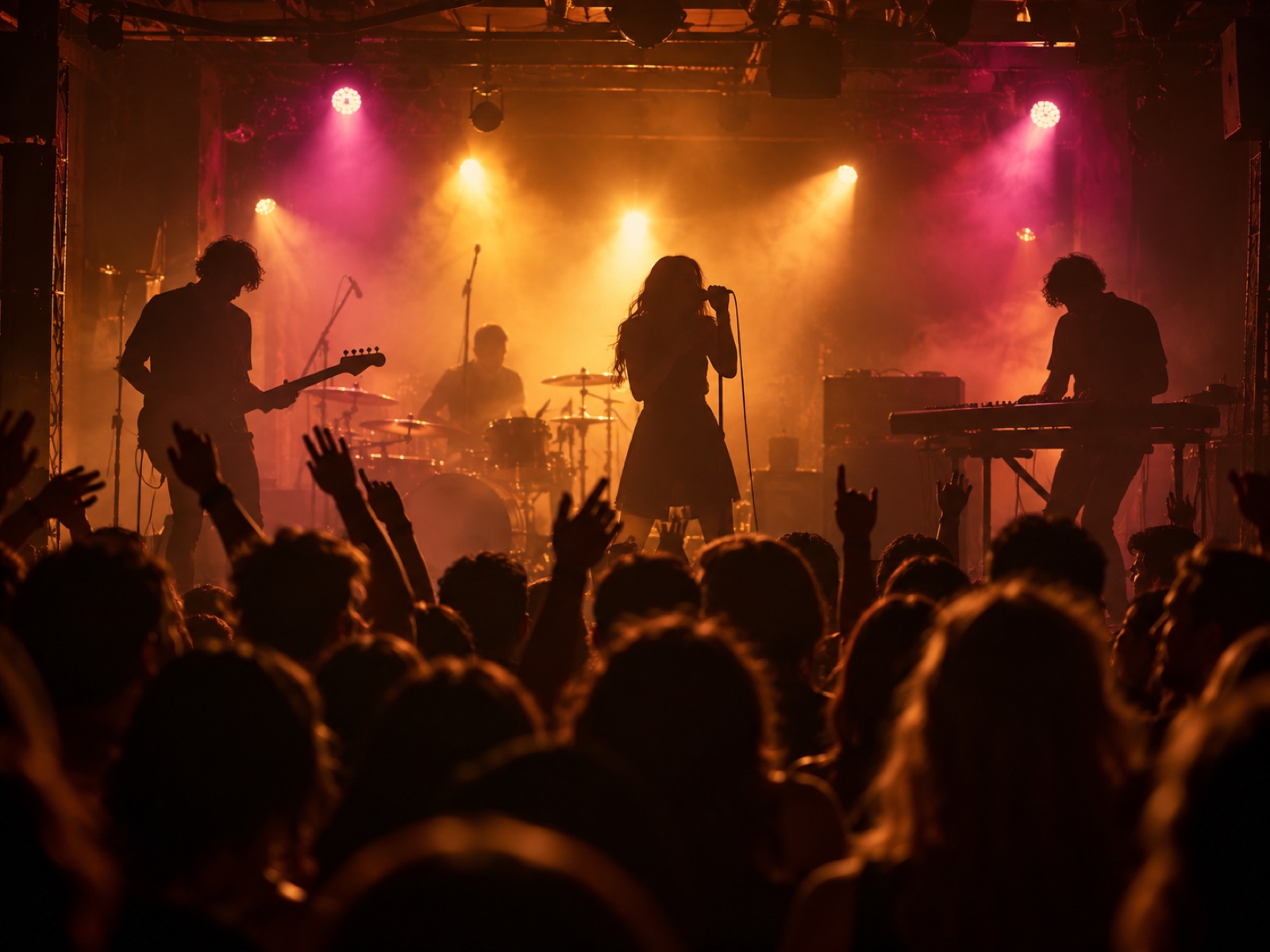 Pop band performing on a club stage, lit from behind, with the crowd in front