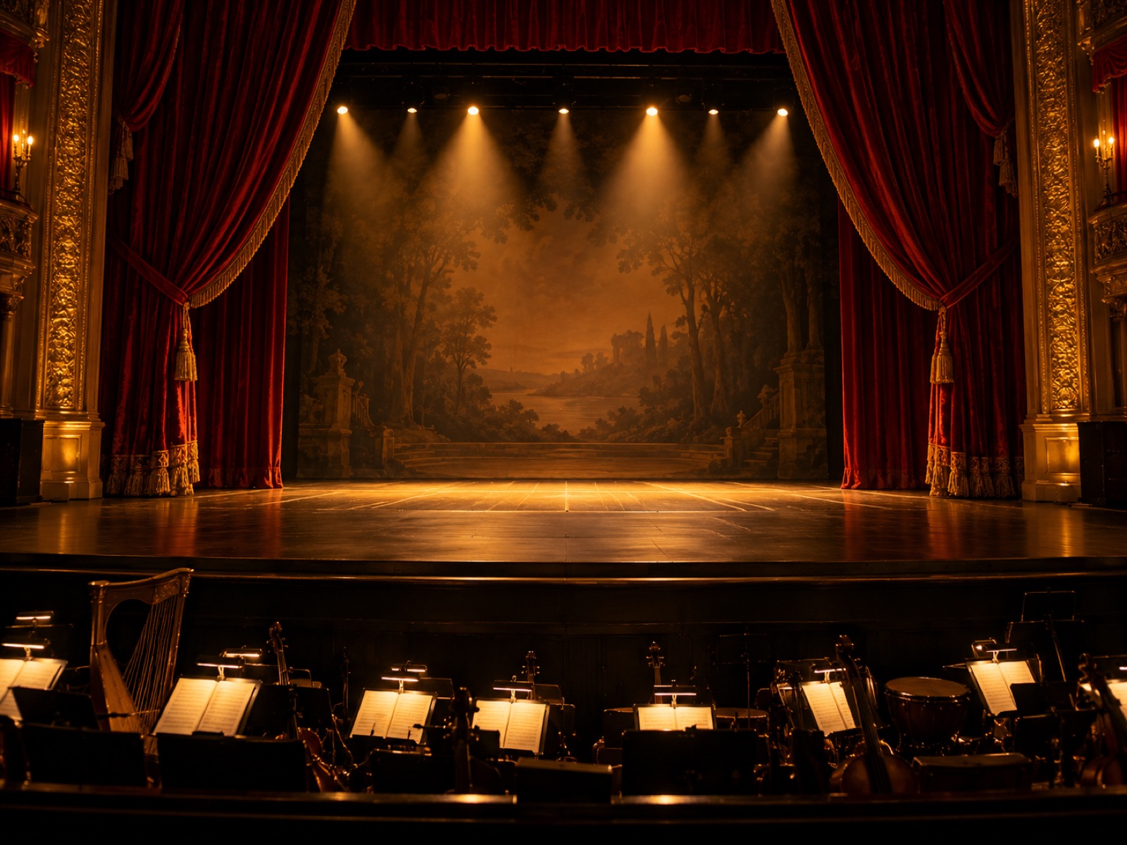 Theatre stage with warm amber light above a lit orchestra pit